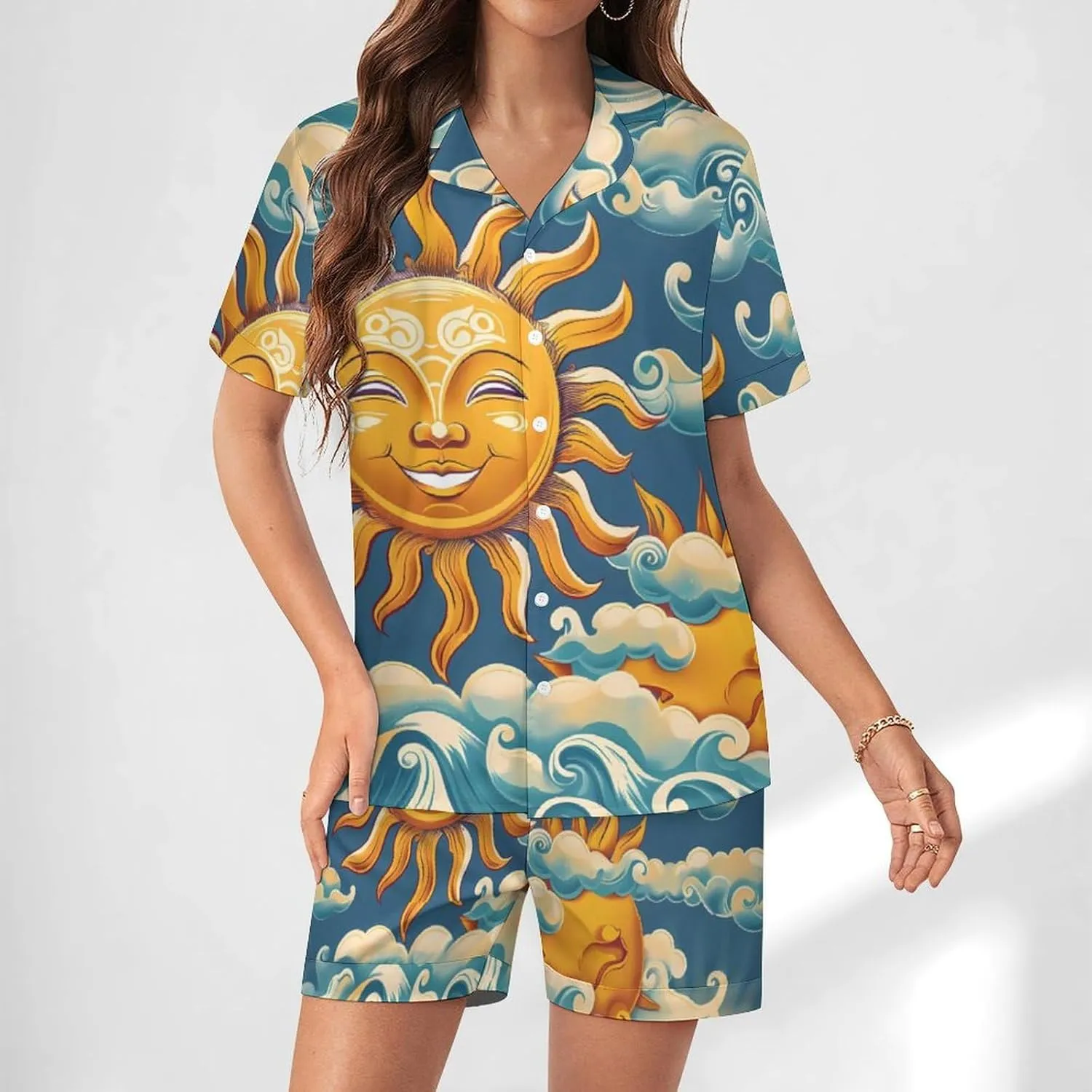Ocean Sunrise Faces Women's Satin Pajama Set Short Sleeve Button Down Sleepwear Loungewear Pj Set