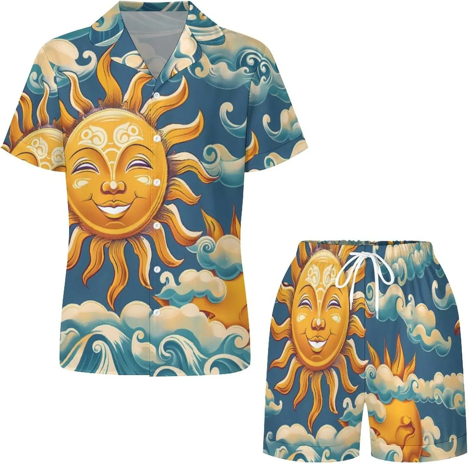 Ocean Sunrise Faces Women's Satin Pajama Set Short Sleeve Button Down Sleepwear Loungewear Pj Set