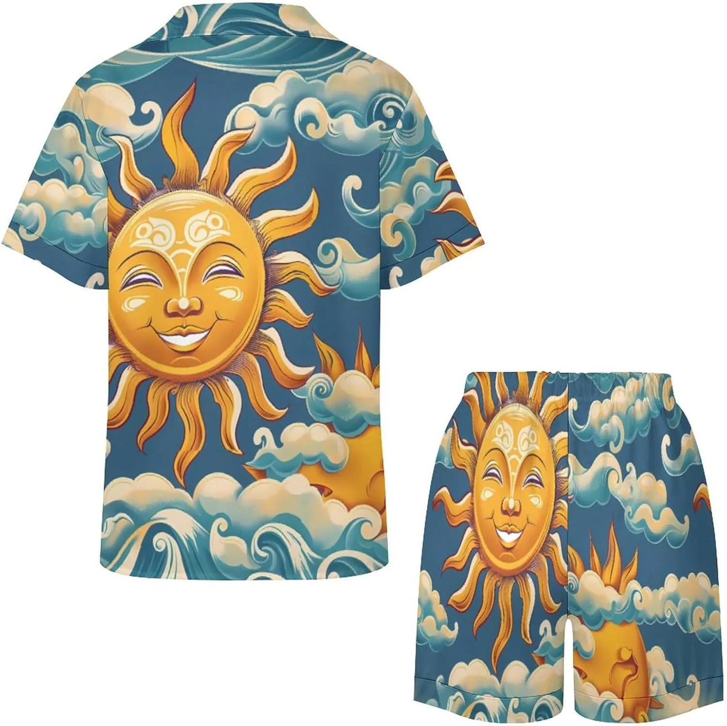Ocean Sunrise Faces Women's Satin Pajama Set Short Sleeve Button Down Sleepwear Loungewear Pj Set