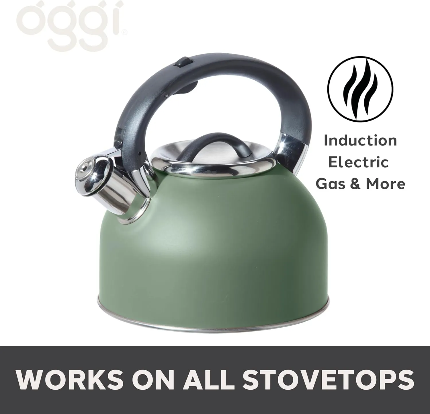 OGGI Tea Kettle for Stove Top - 64oz / 1.9lt, Stainless Steel with Loud Whistle, Ideal Hot Water Kettle and Water Boiler - Sage