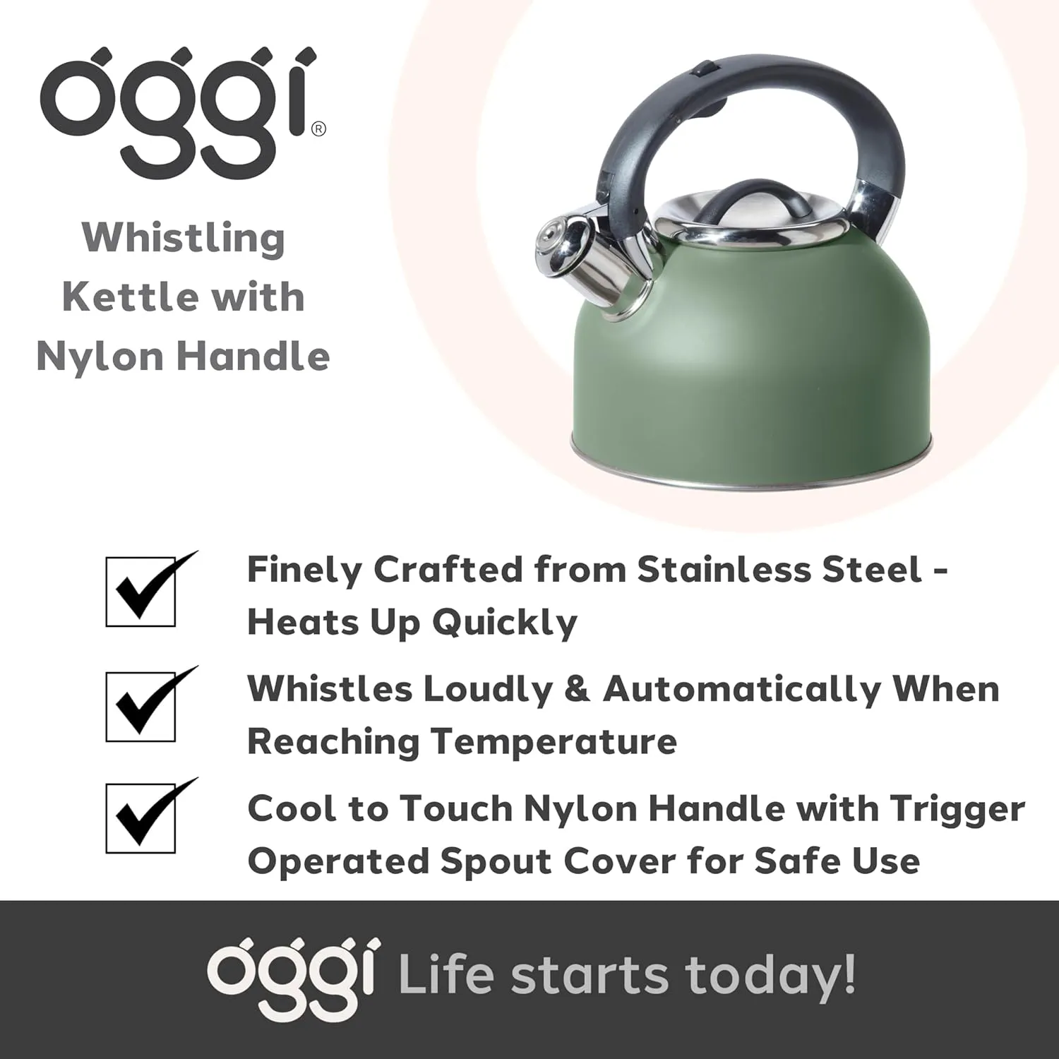 OGGI Tea Kettle for Stove Top - 64oz / 1.9lt, Stainless Steel with Loud Whistle, Ideal Hot Water Kettle and Water Boiler - Sage