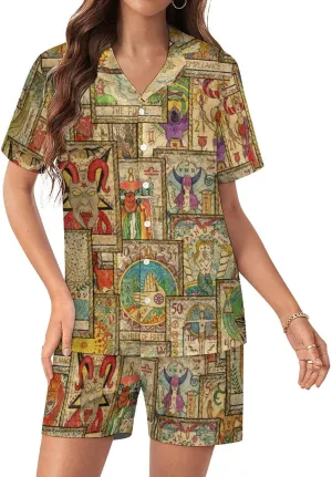 Old Tarot Cards in Vertical Layout Women's Pajamas Set Short Sleeve Sleepwear Button Down Soft 2 Piece Lounge Sets