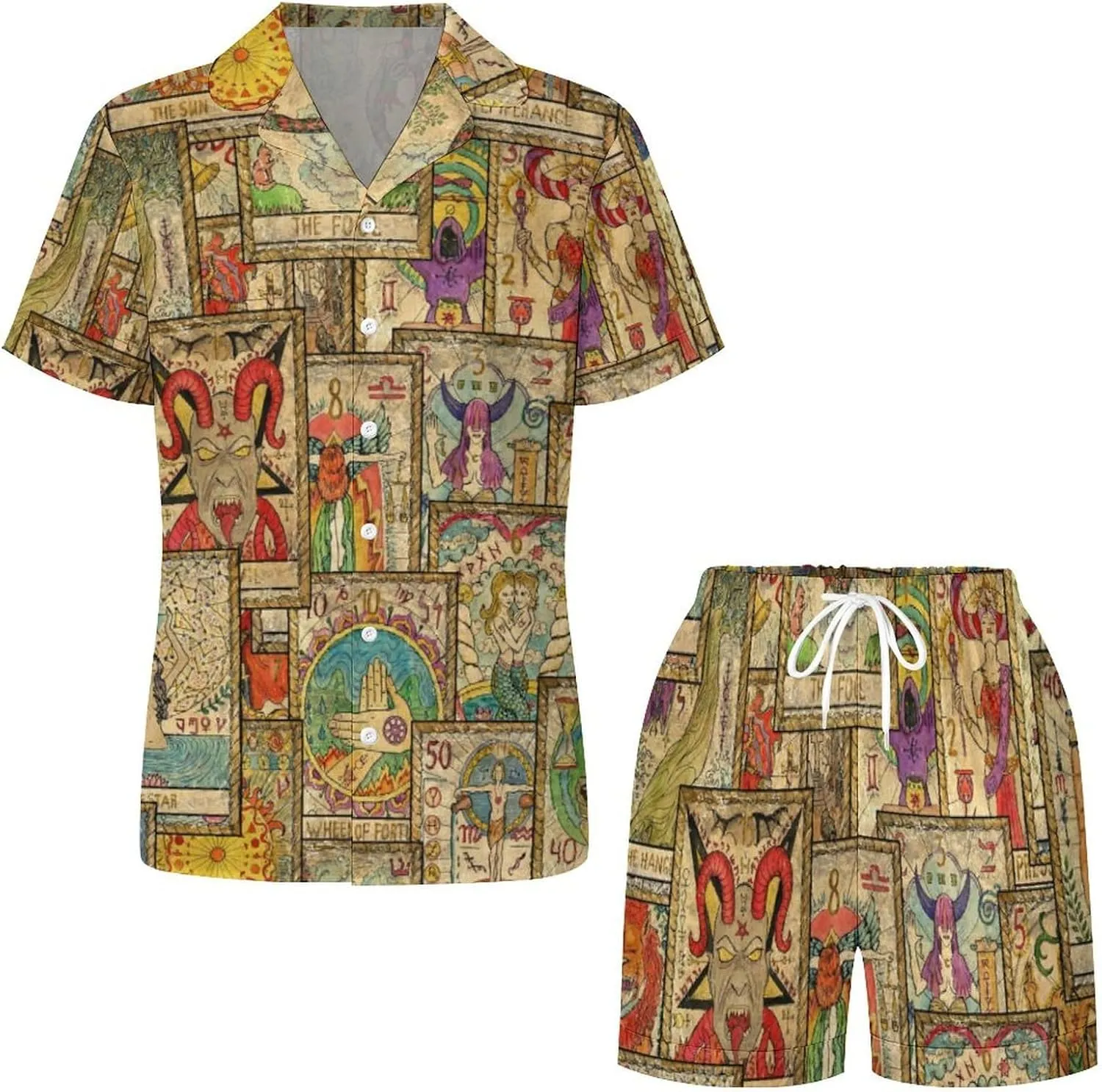 Old Tarot Cards in Vertical Layout Women's Pajamas Set Short Sleeve Sleepwear Button Down Soft 2 Piece Lounge Sets