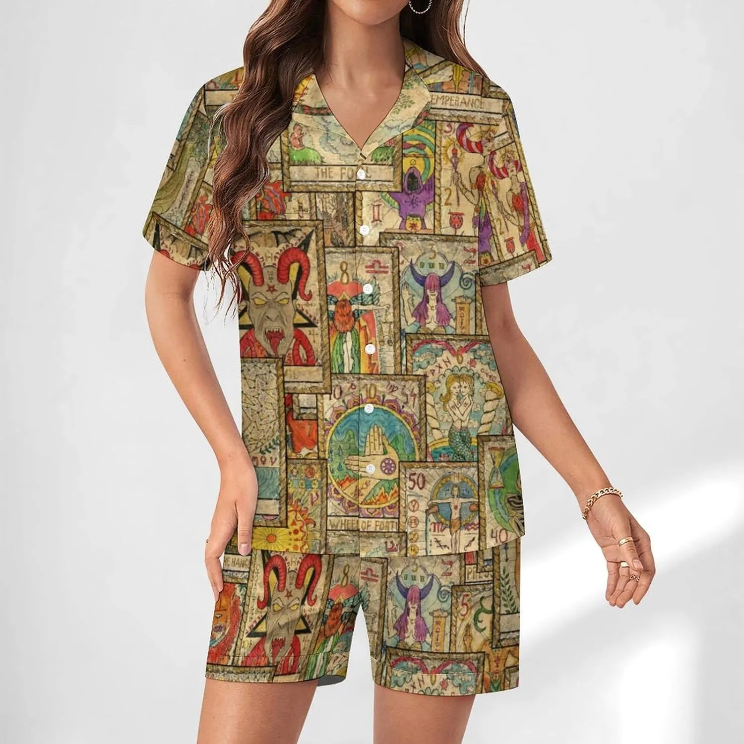 Old Tarot Cards in Vertical Layout Women's Pajamas Set Short Sleeve Sleepwear Button Down Soft 2 Piece Lounge Sets