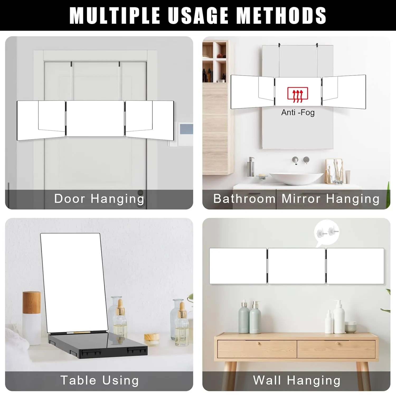 OLIBUY 3 Way Mirror for Hair Cutting, Three Way Mirror for Shaver and Makeup, Height Adjustable with Two Hold Nails, 360 Viewing Angle, Clear Anti-Fog HD Glass