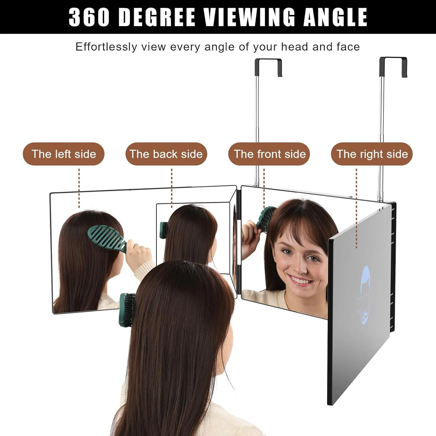 OLIBUY 3 Way Mirror for Hair Cutting, Three Way Mirror for Shaver and Makeup, Height Adjustable with Two Hold Nails, 360 Viewing Angle, Clear Anti-Fog HD Glass