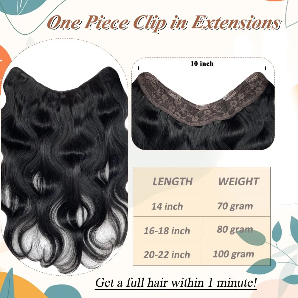 One Piece Seamless Clip in Hair Extensions Real Human Hair Body Wave Real Hair Extensions Clip in Human Hair Extensions Black Curly Clip in Hair Extensions Natural Hair Clip ins for Women 14 Inch