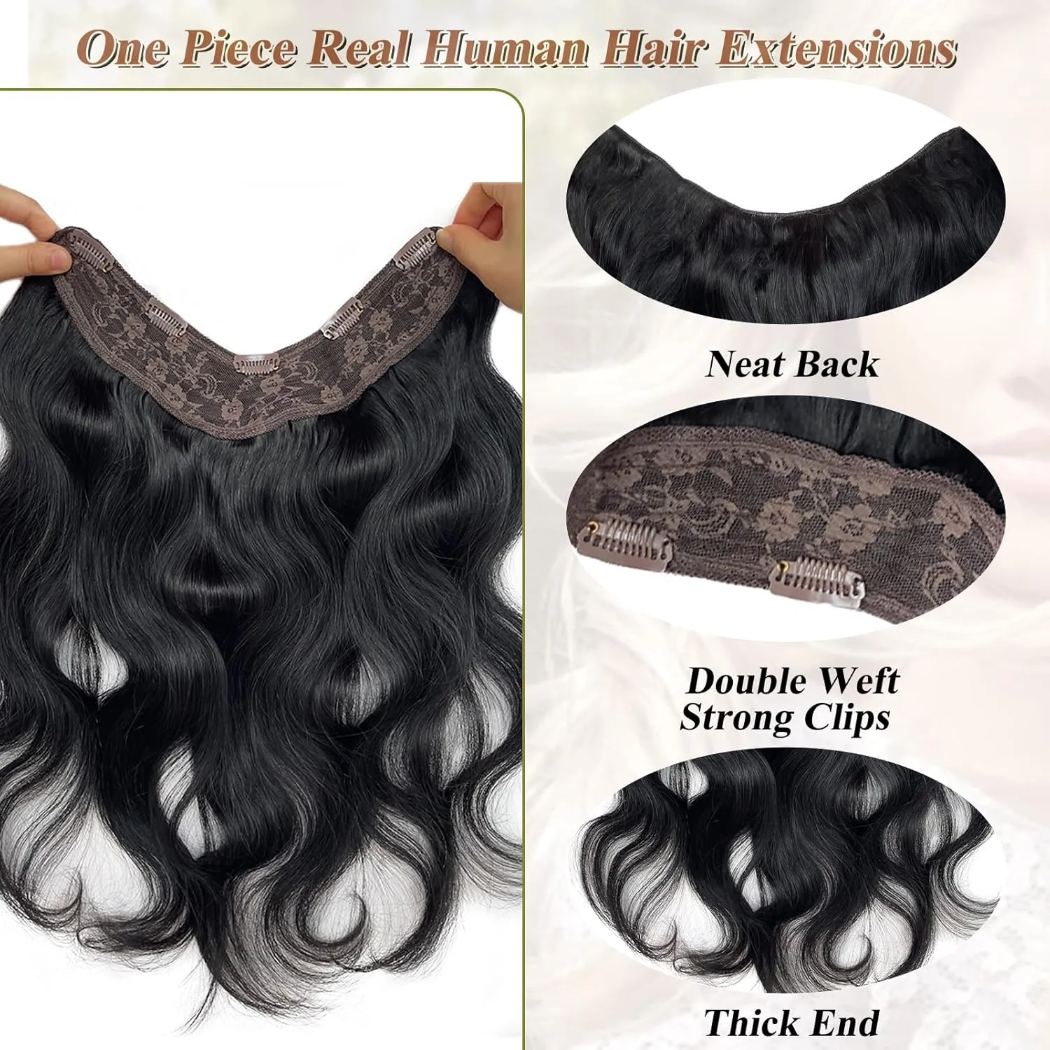 One Piece Seamless Clip in Hair Extensions Real Human Hair Body Wave Real Hair Extensions Clip in Human Hair Extensions Black Curly Clip in Hair Extensions Natural Hair Clip ins for Women 14 Inch