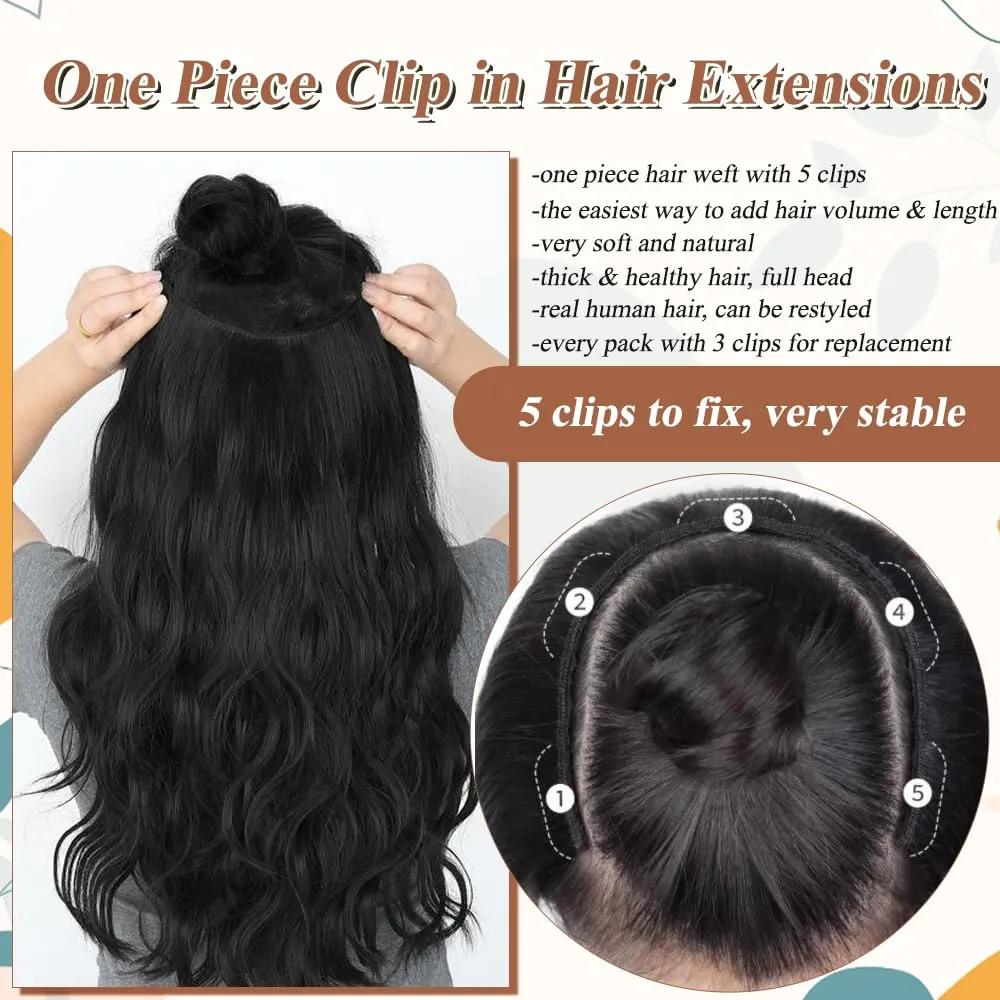 One Piece Seamless Clip in Hair Extensions Real Human Hair Body Wave Real Hair Extensions Clip in Human Hair Extensions Black Curly Clip in Hair Extensions Natural Hair Clip ins for Women 14 Inch