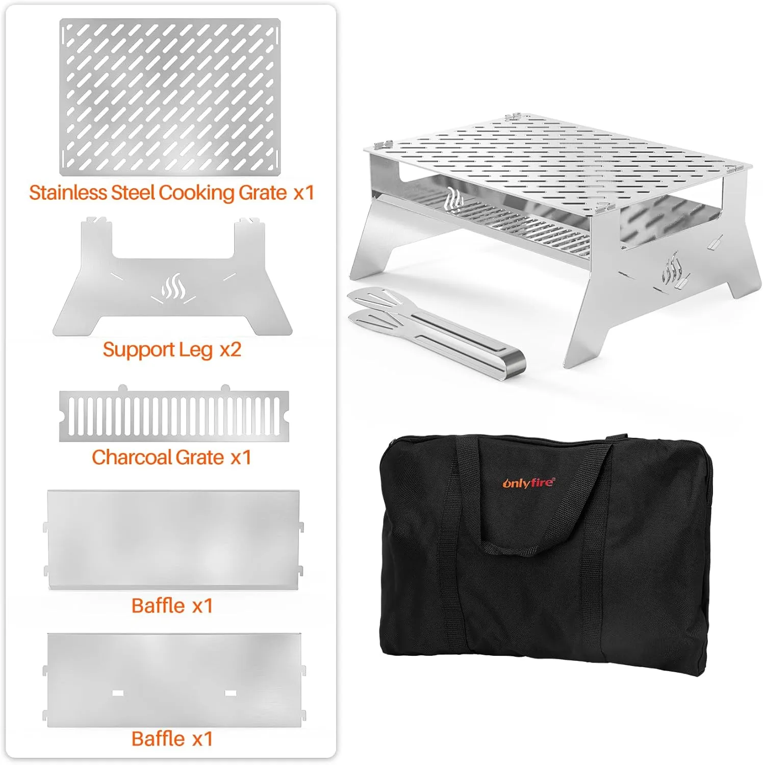 Onlyfire Portable Charcoal Grill, Heavy Duty Stainless Steel Foldable Barbecue Grill with Carry Bag and BBQ Tong for Patio Backyard, Outdoor Camping, Picnic and Hikin