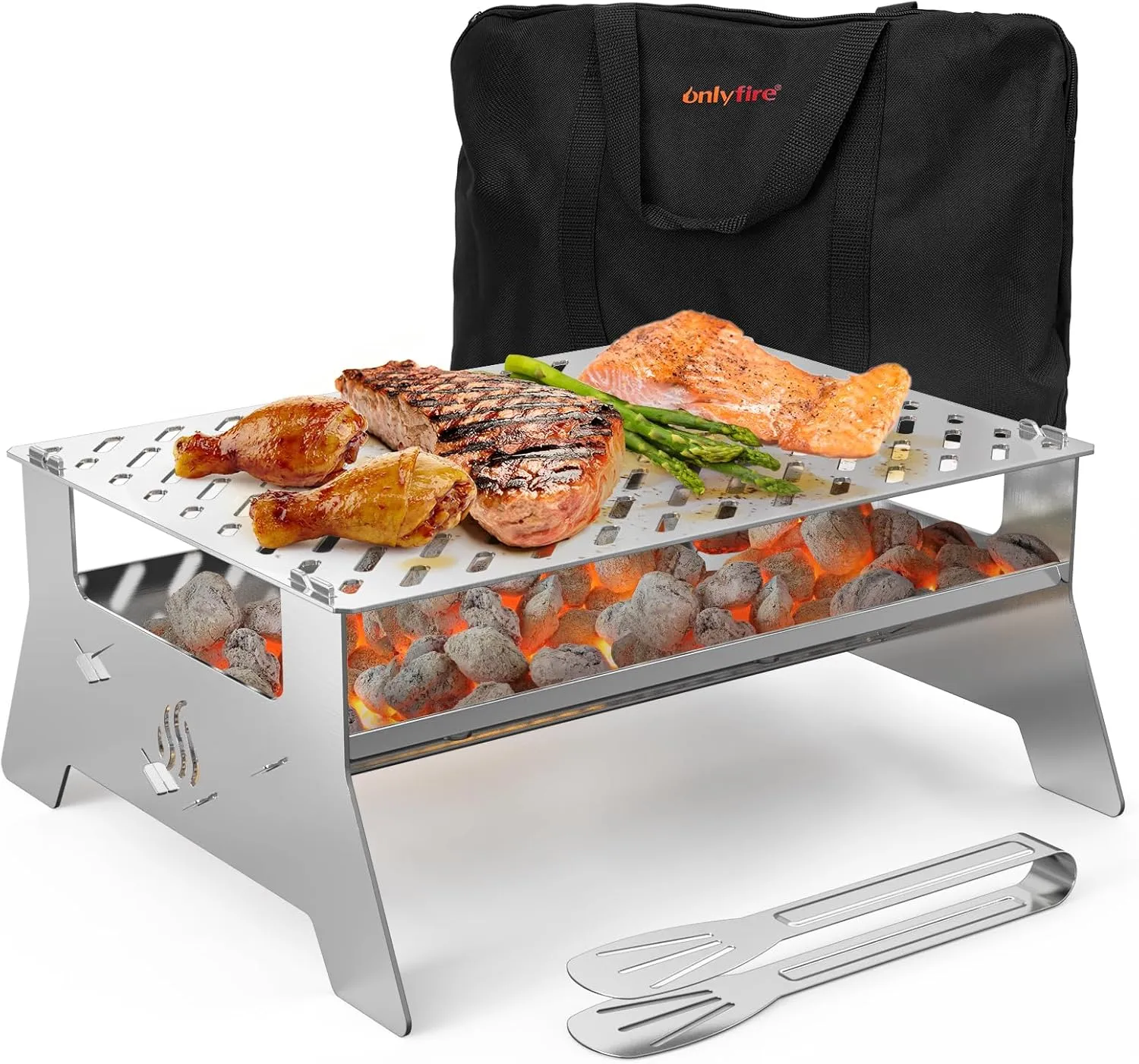 Onlyfire Portable Charcoal Grill, Heavy Duty Stainless Steel Foldable Barbecue Grill with Carry Bag and BBQ Tong for Patio Backyard, Outdoor Camping, Picnic and Hikin