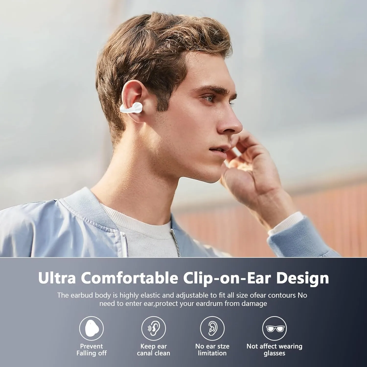 Open Ear Bone Conduction Headphones Wireless Bluetooth 5.3 Clip On Earbuds with Digital Display Charging Case Mini Sport Earphones Built-in Mic IPX7 Waterproof for Running Fitness White