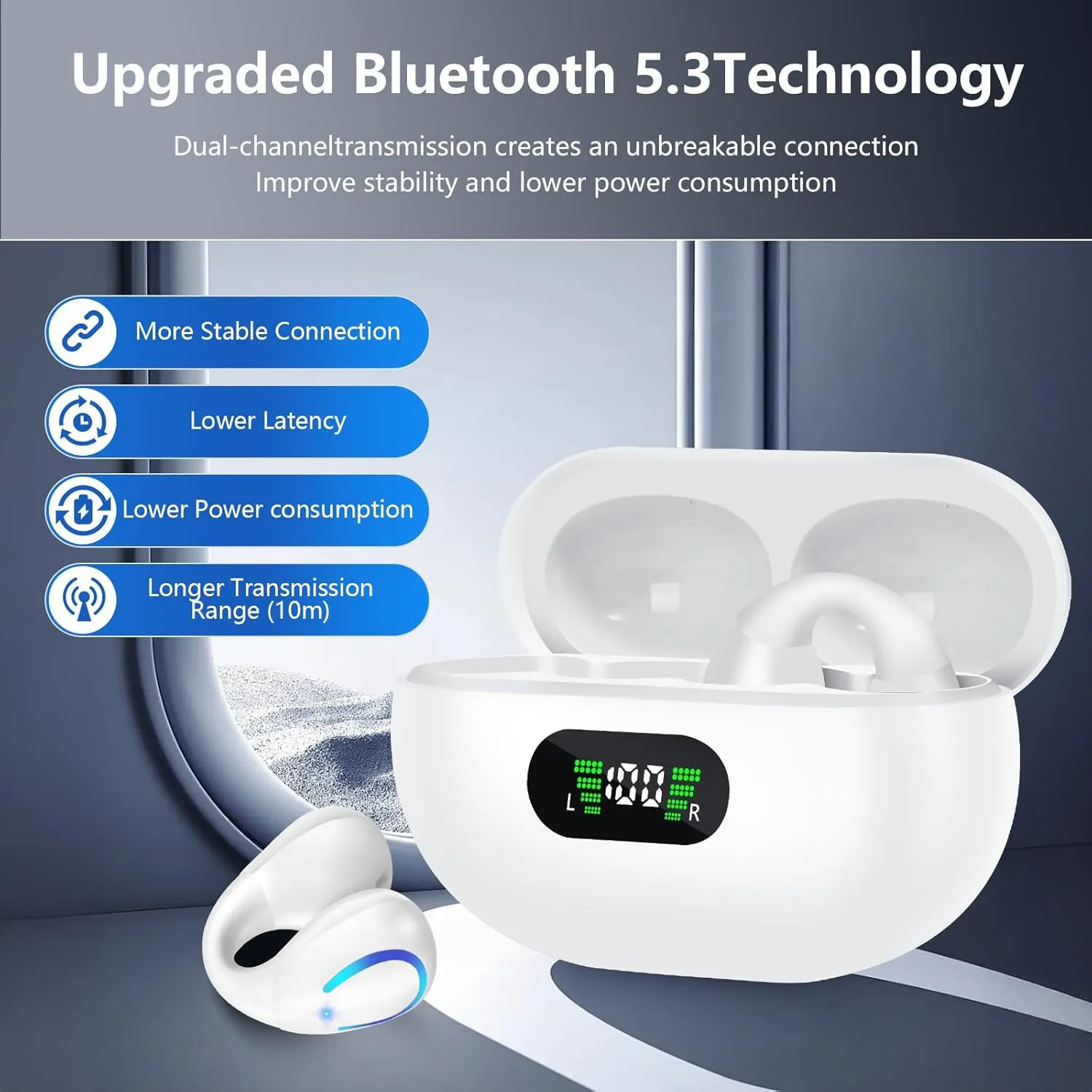 Open Ear Bone Conduction Headphones Wireless Bluetooth 5.3 Clip On Earbuds with Digital Display Charging Case Mini Sport Earphones Built-in Mic IPX7 Waterproof for Running Fitness White