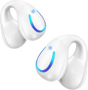 Open Ear Bone Conduction Headphones Wireless Bluetooth 5.3 Clip On Earbuds with Digital Display Charging Case Mini Sport Earphones Built-in Mic IPX7 Waterproof for Running Fitness White