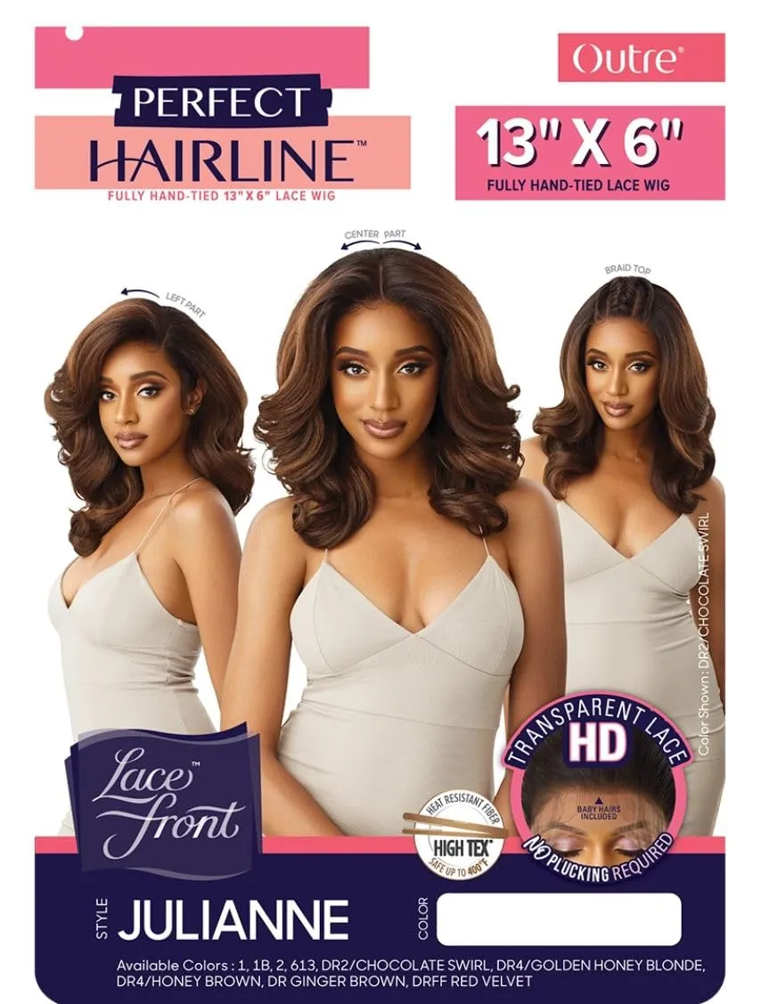 Outre LACEFRONT PERFECT HAIR LINE Glamorous Wavy Fully Hand-Tied 13”x 6” Frontal HD Baby Hair Transparent Lace Easy-to-Style Heat Friendly - JULIANNE (DR4/GDNHNBL)