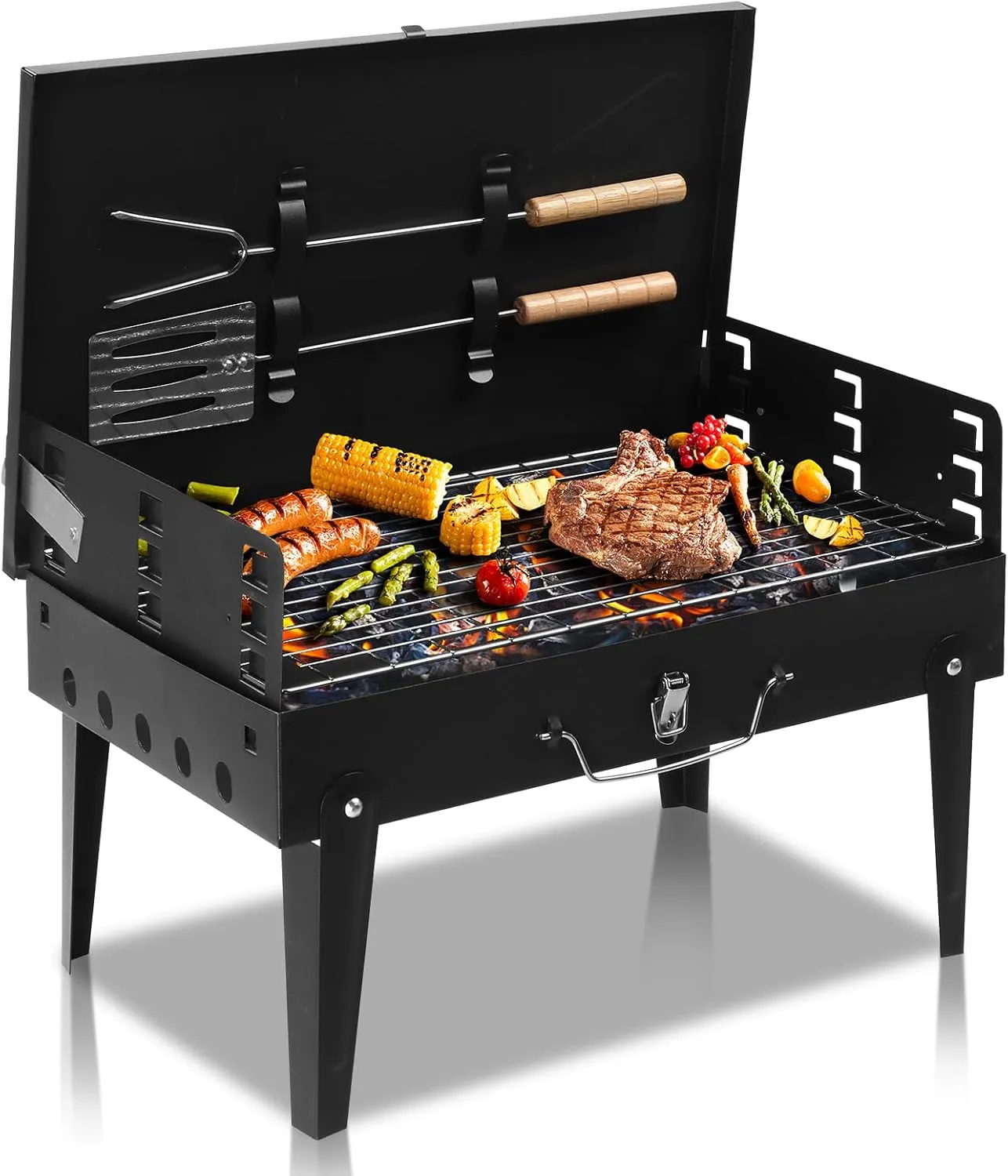 Outvita Portable Charcoal Grill, Outdoor Foldable BBQ Grill with Barbecue Accessories & Lid for Cooking Camping Picnic Hiking Beach Party Patio Smokers, Height Adjustable for 3 to 5 People