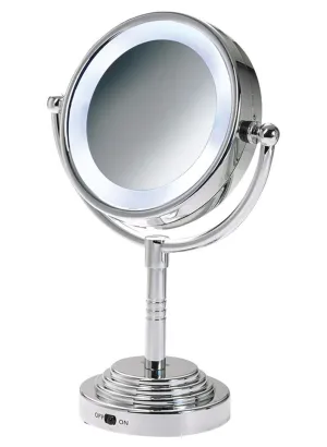 Ovente Double Sided Lighted Makeup Mirror 6 Inch Table Top 1X 5X Magnifier 360 Degree Rotating LED 3 AA Battery AC Adapter Powered Standing Desk Bathroom Personal Circle Large Polished Chrome MLT28C