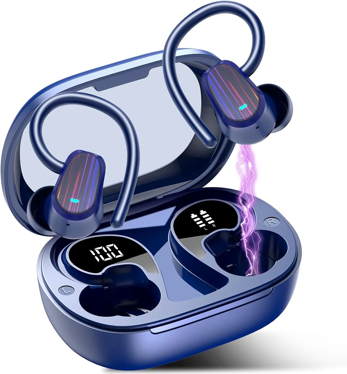 OYIB Wireless Earbuds Bluetooth 5.4 Headphones Sport, Stereo Deep Bass Bluetooth Earbuds with Earhooks, 50H Over Ear Bud with ENC Mic, IP7 Waterproof Wireless Earphone for Workout/Running, Navy Blue
