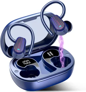 OYIB Wireless Earbuds Bluetooth 5.4 Headphones Sport, Stereo Deep Bass Bluetooth Earbuds with Earhooks, 50H Over Ear Bud with ENC Mic, IP7 Waterproof Wireless Earphone for Workout/Running, Navy Blue