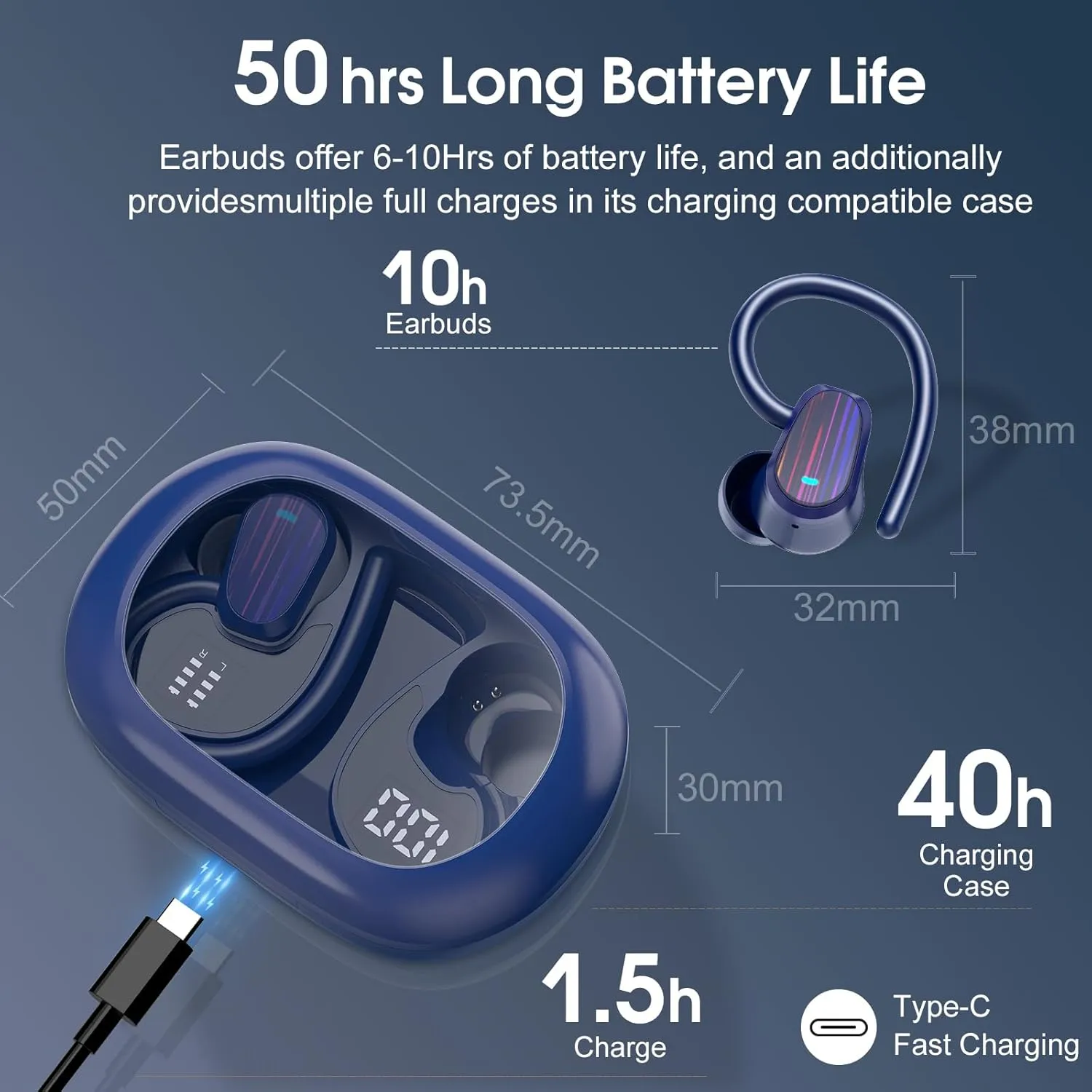 OYIB Wireless Earbuds Bluetooth 5.4 Headphones Sport, Stereo Deep Bass Bluetooth Earbuds with Earhooks, 50H Over Ear Bud with ENC Mic, IP7 Waterproof Wireless Earphone for Workout/Running, Navy Blue