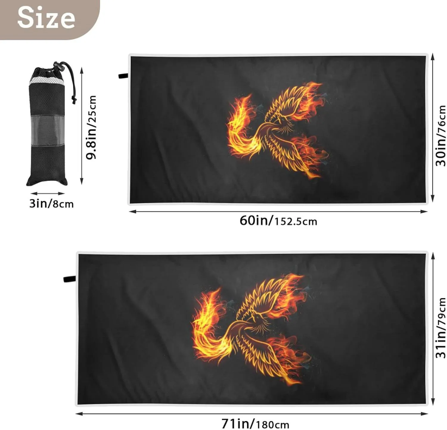 Oyihfvs Fire Burning Phoenix Bird with Wings on Black Quick Drying Beach Towel, Foldable Yoga Towel, Soft Sport Towel, Sweat Absorbent Towel with Storage Mesh Bag 30 x 60 inch (S)