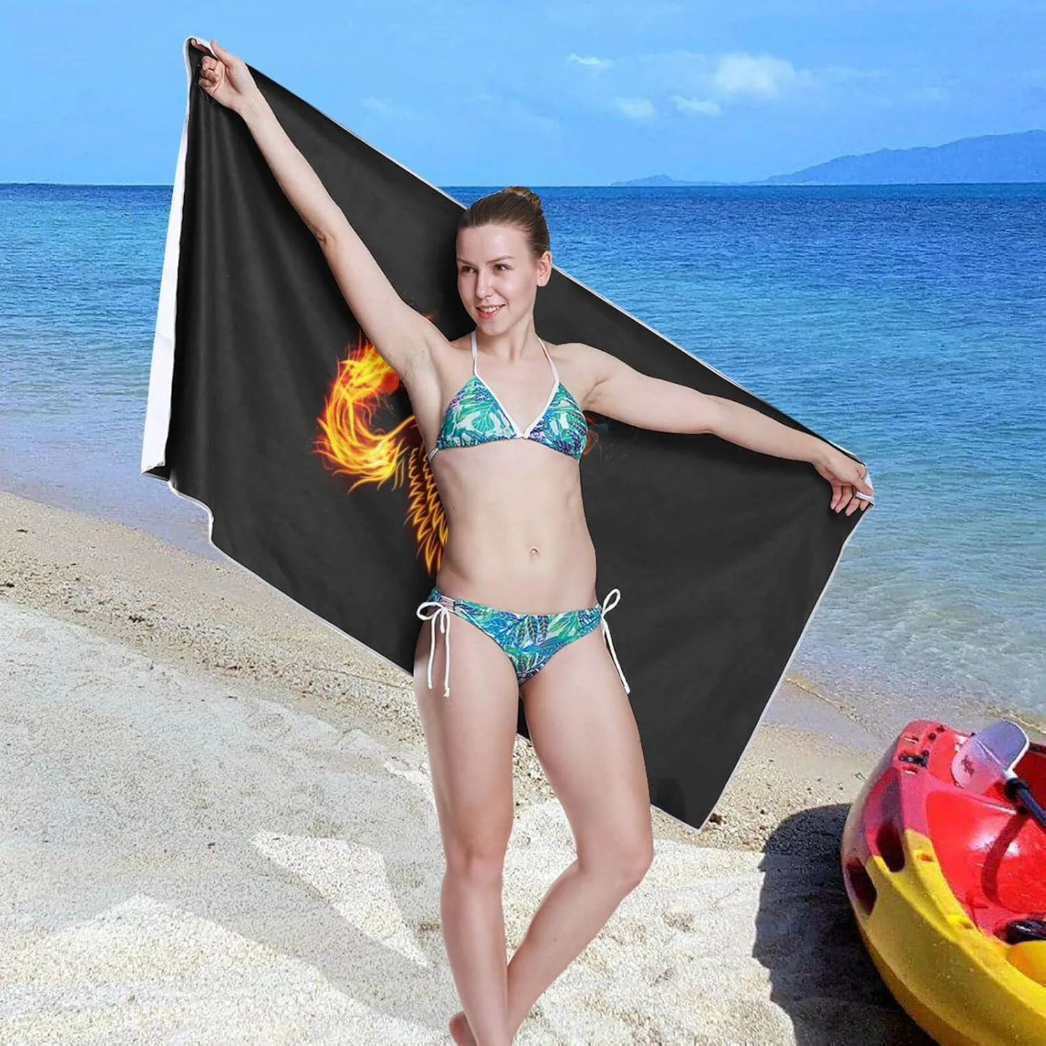 Oyihfvs Fire Burning Phoenix Bird with Wings on Black Quick Drying Beach Towel, Foldable Yoga Towel, Soft Sport Towel, Sweat Absorbent Towel with Storage Mesh Bag 30 x 60 inch (S)