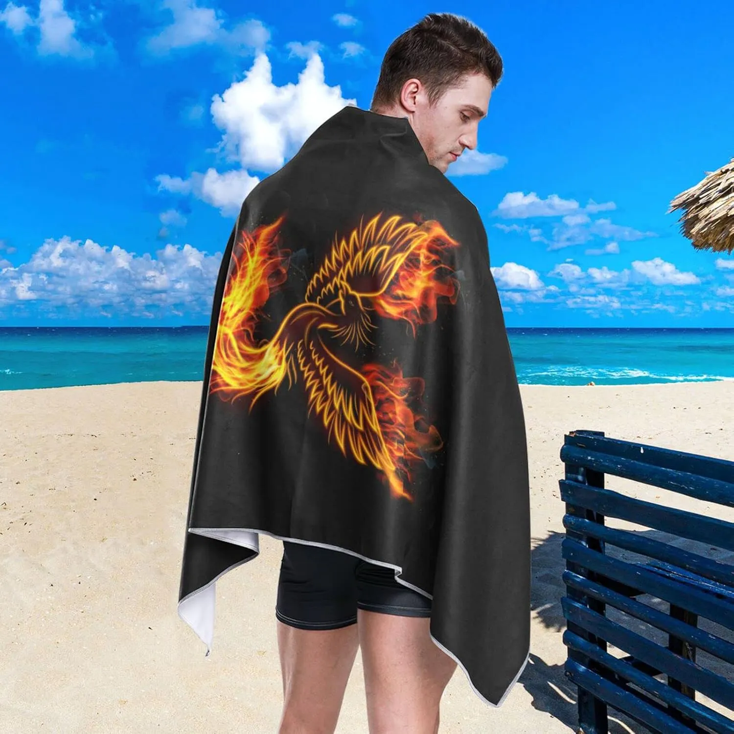 Oyihfvs Fire Burning Phoenix Bird with Wings on Black Quick Drying Beach Towel, Foldable Yoga Towel, Soft Sport Towel, Sweat Absorbent Towel with Storage Mesh Bag 30 x 60 inch (S)
