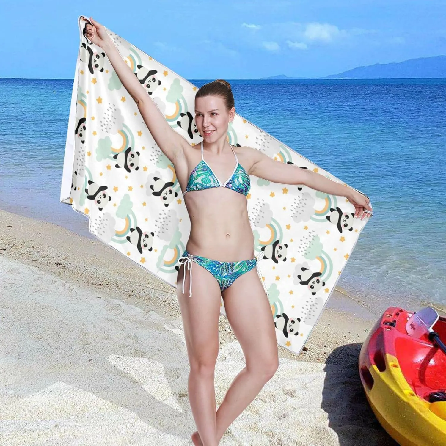 Oyihfvs Seamless Cute Panda Flying in The Sky Rainbow Clouds Stars Quick Drying Beach Towel, Foldable Yoga Towel, Soft Sport Towel, Sweat Absorbent Towel with Storage Mesh Bag 31 x 71 inch (M)