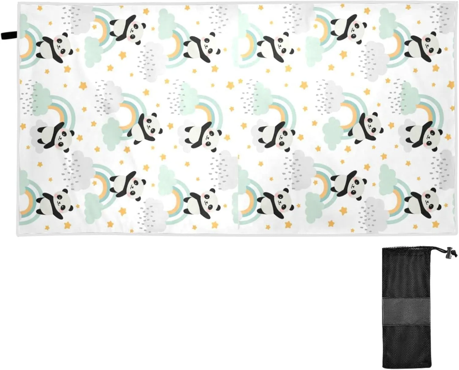 Oyihfvs Seamless Cute Panda Flying in The Sky Rainbow Clouds Stars Quick Drying Beach Towel, Foldable Yoga Towel, Soft Sport Towel, Sweat Absorbent Towel with Storage Mesh Bag 31 x 71 inch (M)