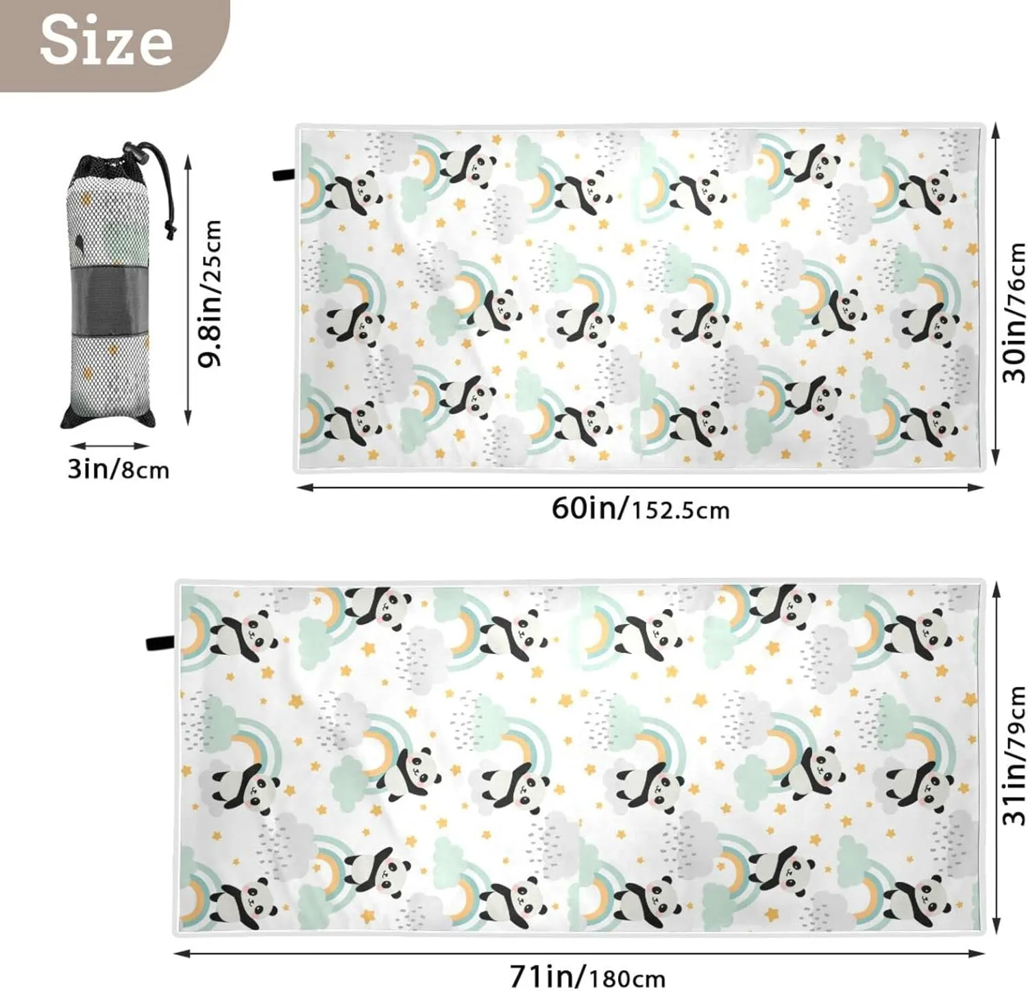 Oyihfvs Seamless Cute Panda Flying in The Sky Rainbow Clouds Stars Quick Drying Beach Towel, Foldable Yoga Towel, Soft Sport Towel, Sweat Absorbent Towel with Storage Mesh Bag 31 x 71 inch (M)