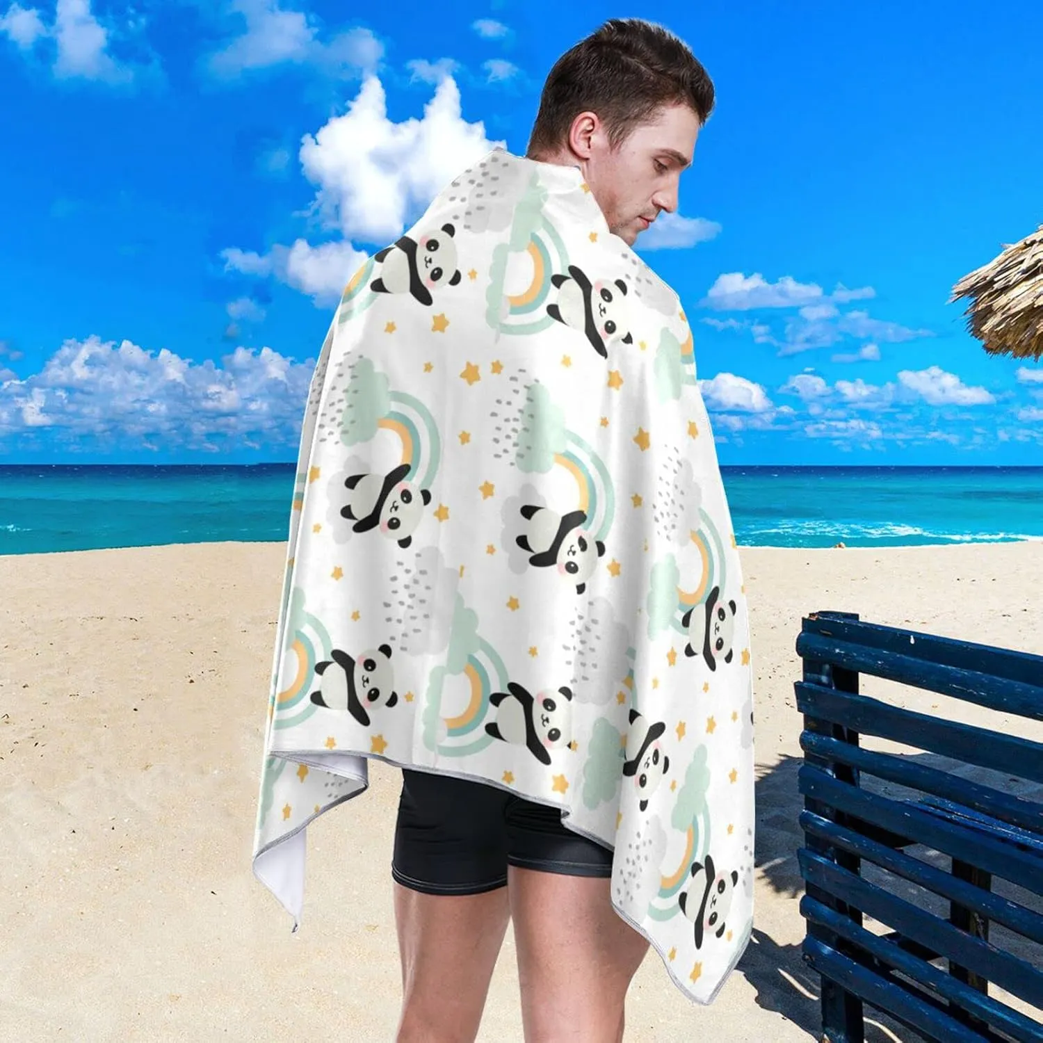 Oyihfvs Seamless Cute Panda Flying in The Sky Rainbow Clouds Stars Quick Drying Beach Towel, Foldable Yoga Towel, Soft Sport Towel, Sweat Absorbent Towel with Storage Mesh Bag 31 x 71 inch (M)