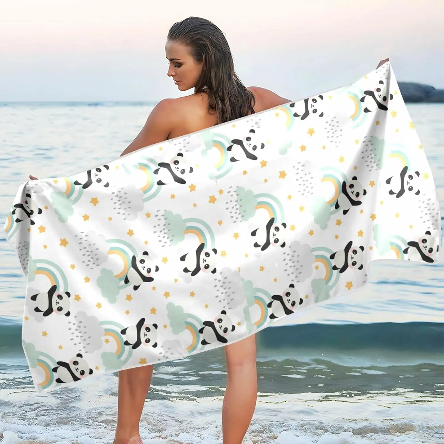 Oyihfvs Seamless Cute Panda Flying in The Sky Rainbow Clouds Stars Quick Drying Beach Towel, Foldable Yoga Towel, Soft Sport Towel, Sweat Absorbent Towel with Storage Mesh Bag 31 x 71 inch (M)