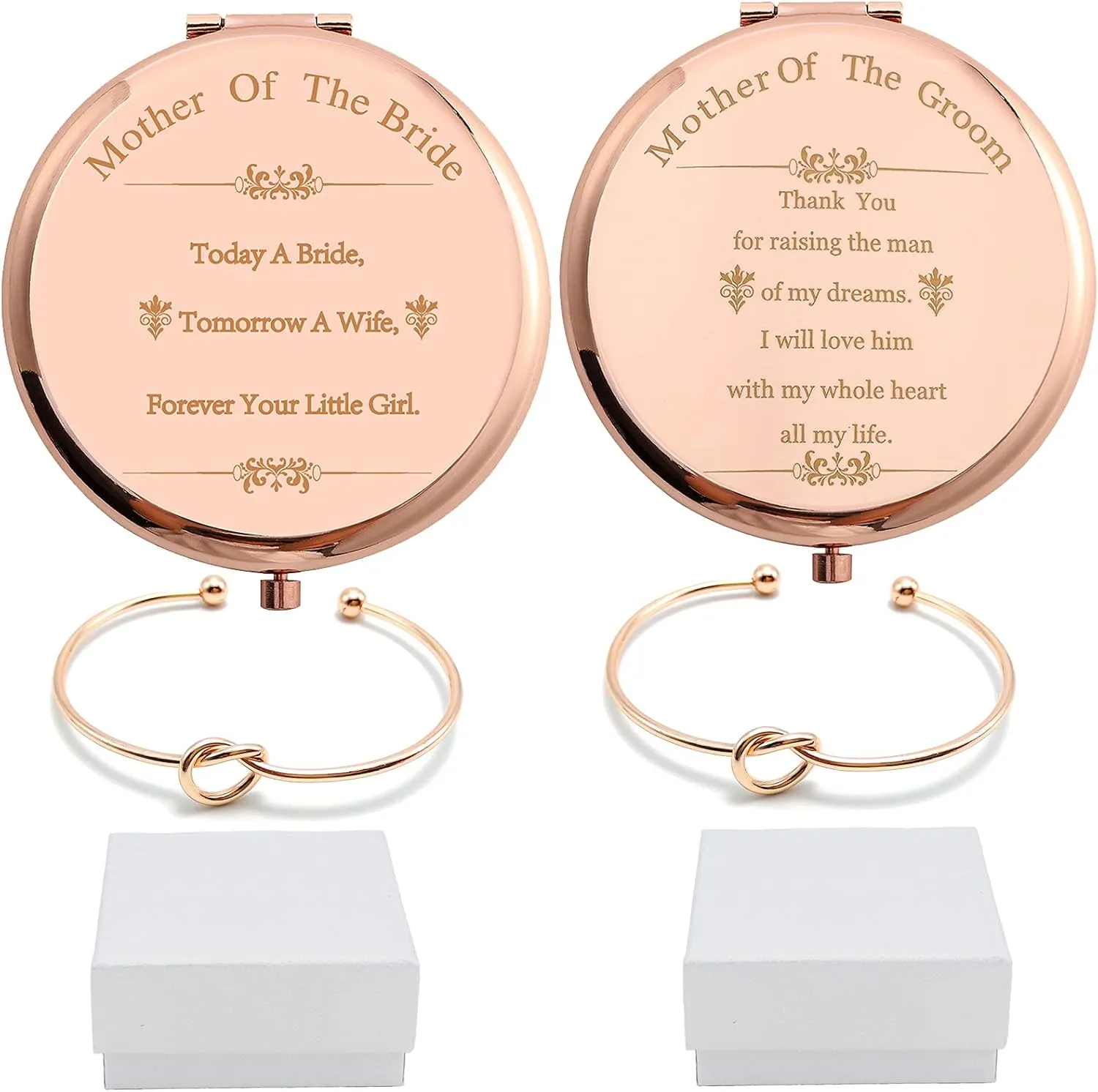 Pack of 2 Mother of the Bride & Groom Mirrors Set - Rose Gold Stainless Steel Compact Pocket Makeup Mirror with 2 Pcs Rose Gold Knot Bracelet and Gift Box Wedding Proposal Gift