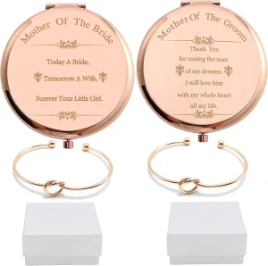 Pack of 2 Mother of the Bride & Groom Mirrors Set - Rose Gold Stainless Steel Compact Pocket Makeup Mirror with 2 Pcs Rose Gold Knot Bracelet and Gift Box Wedding Proposal Gift