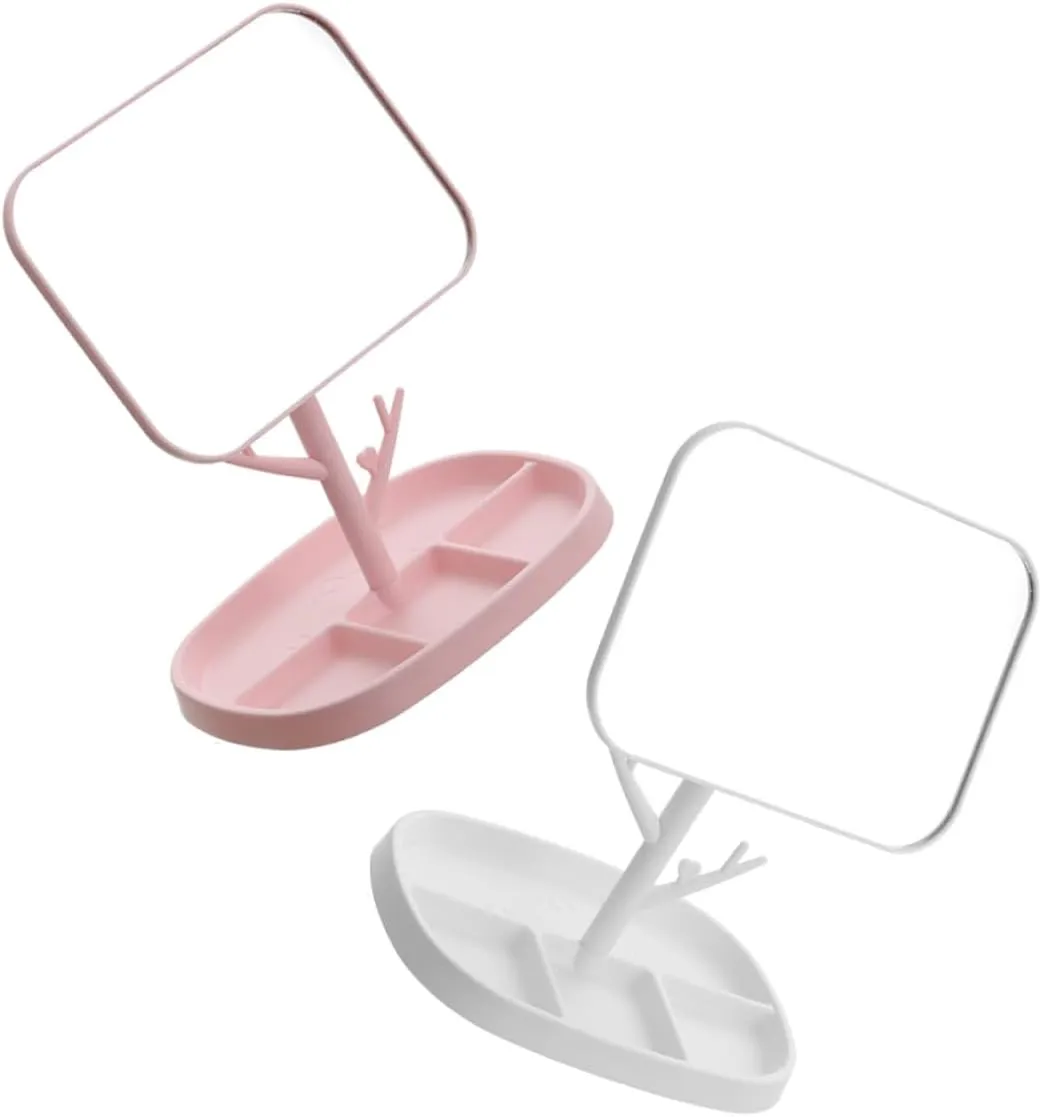PartyKindom 2pcs Rotatable Makeup Mirror with Storage Tray Stylish Desktop Cosmetics Mirror for Women for Home Office Use
