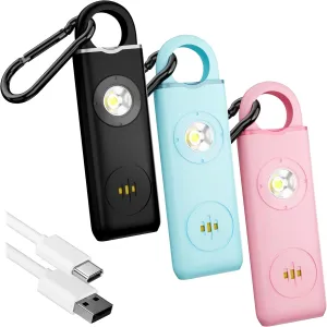 Personal Safety Alarm Keychain for Women – 3 Pack USB Rechargeable Protection Emergency Siren Key Chain with Light and Low Battery Notice by WETEN (Black Pink Blue)