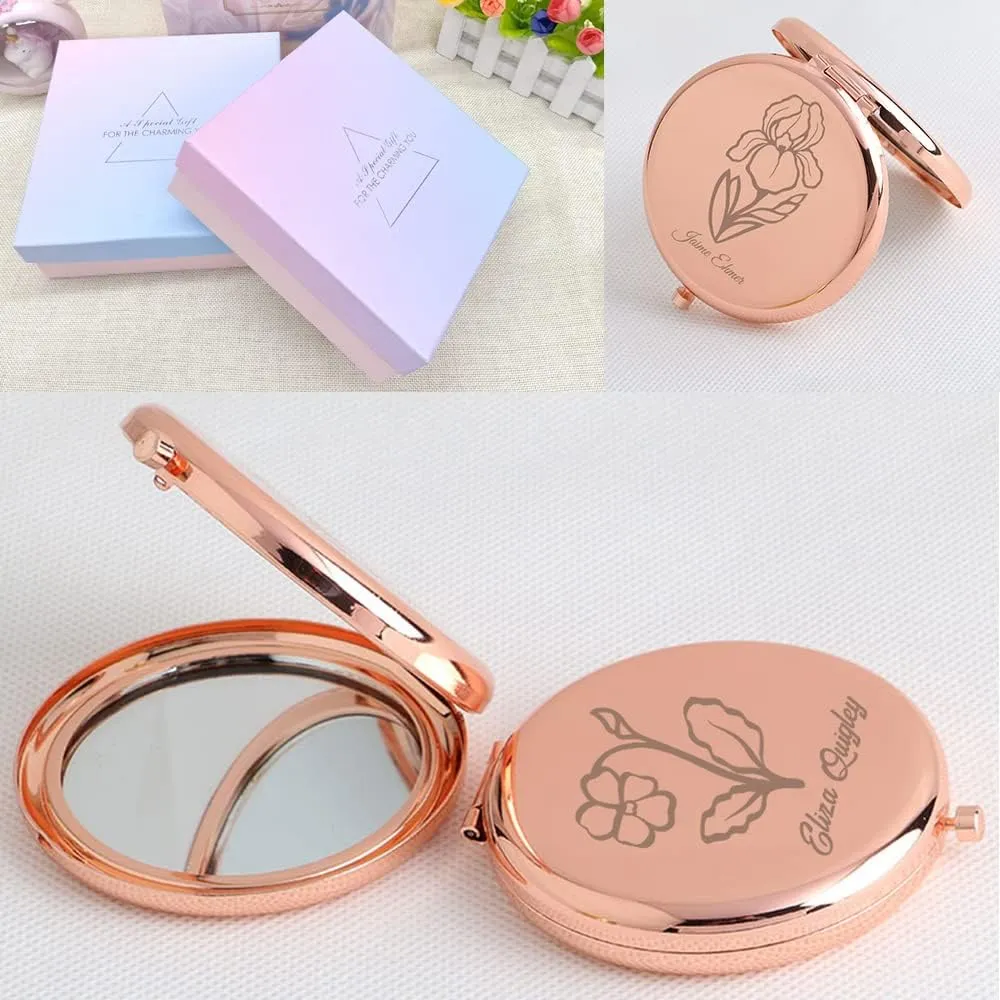 Personalized Compact Mirror Birth Month Flower Theme Compact Mirror Custom Engraved Birthday Gift For Women Mother Wedding Favors Gifts For Guest Bride Bridesmaid Bulk Travel Makeup Mirror （10PC）