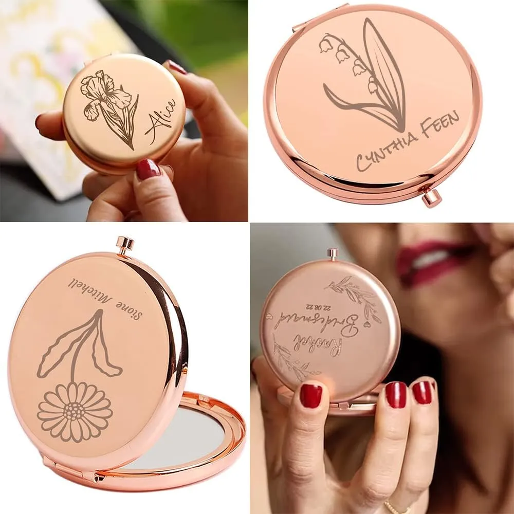 Personalized Compact Mirror Birth Month Flower Theme Compact Mirror Custom Engraved Birthday Gift For Women Mother Wedding Favors Gifts For Guest Bride Bridesmaid Bulk Travel Makeup Mirror （10PC）