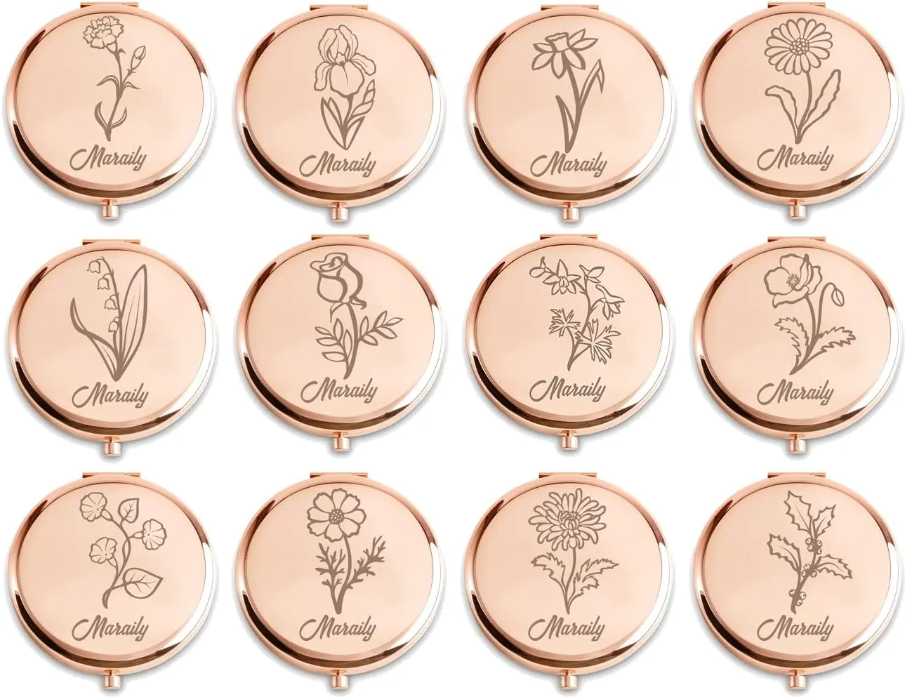 Personalized Compact Mirror Birth Month Flower Theme Compact Mirror Custom Engraved Birthday Gift For Women Mother Wedding Favors Gifts For Guest Bride Bridesmaid Bulk Travel Makeup Mirror （10PC）