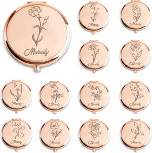 Personalized Compact Mirror Birth Month Flower Theme Compact Mirror Custom Engraved Birthday Gift For Women Mother Wedding Favors Gifts For Guest Bride Bridesmaid Bulk Travel Makeup Mirror （10PC）