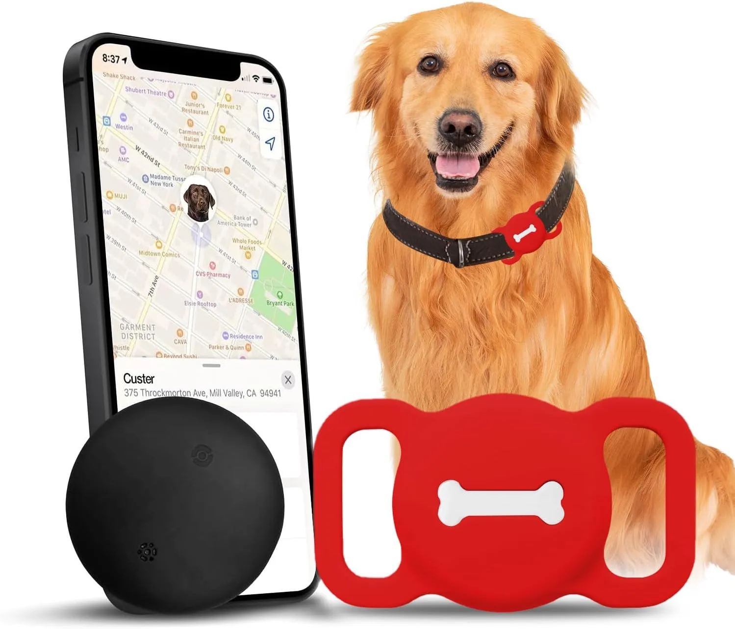 Pet Tracker Smart Pet Location Tracker with Dog Collar Holder, Smart Item Finder, MFi Certificated Tracking Device, No Monthly Fee, Works with Find My (iOS Only)(Red Case)