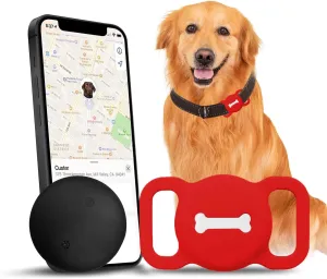 Pet Tracker Smart Pet Location Tracker with Dog Collar Holder, Smart Item Finder, MFi Certificated Tracking Device, No Monthly Fee, Works with Find My (iOS Only)(Red Case)