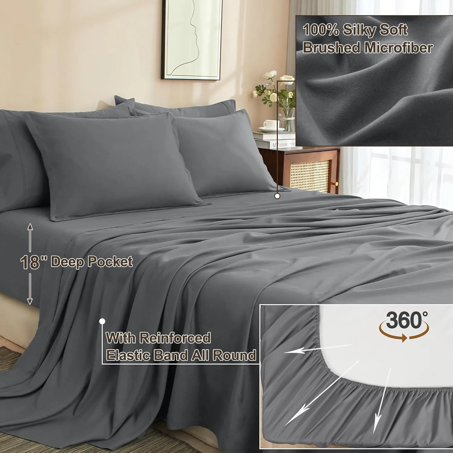 PHF 7 Pieces California King Comforter Set, Lightweight Bed in A Bag & 18" Sheet Set for All Season, Ultra Soft Cozy Bedding with Comforter, Sheets, Pillowcases & Shams, Dark Grey