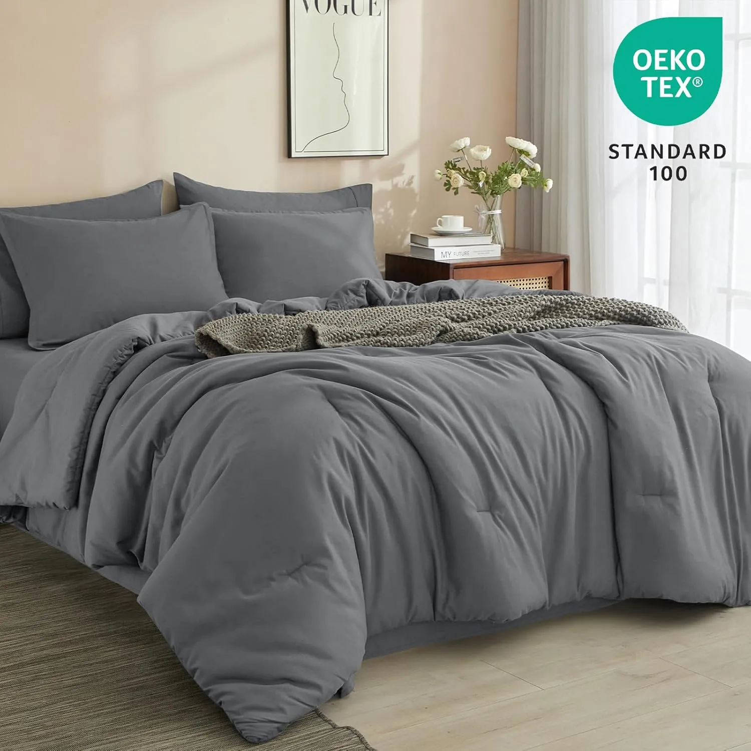 PHF 7 Pieces California King Comforter Set, Lightweight Bed in A Bag & 18" Sheet Set for All Season, Ultra Soft Cozy Bedding with Comforter, Sheets, Pillowcases & Shams, Dark Grey