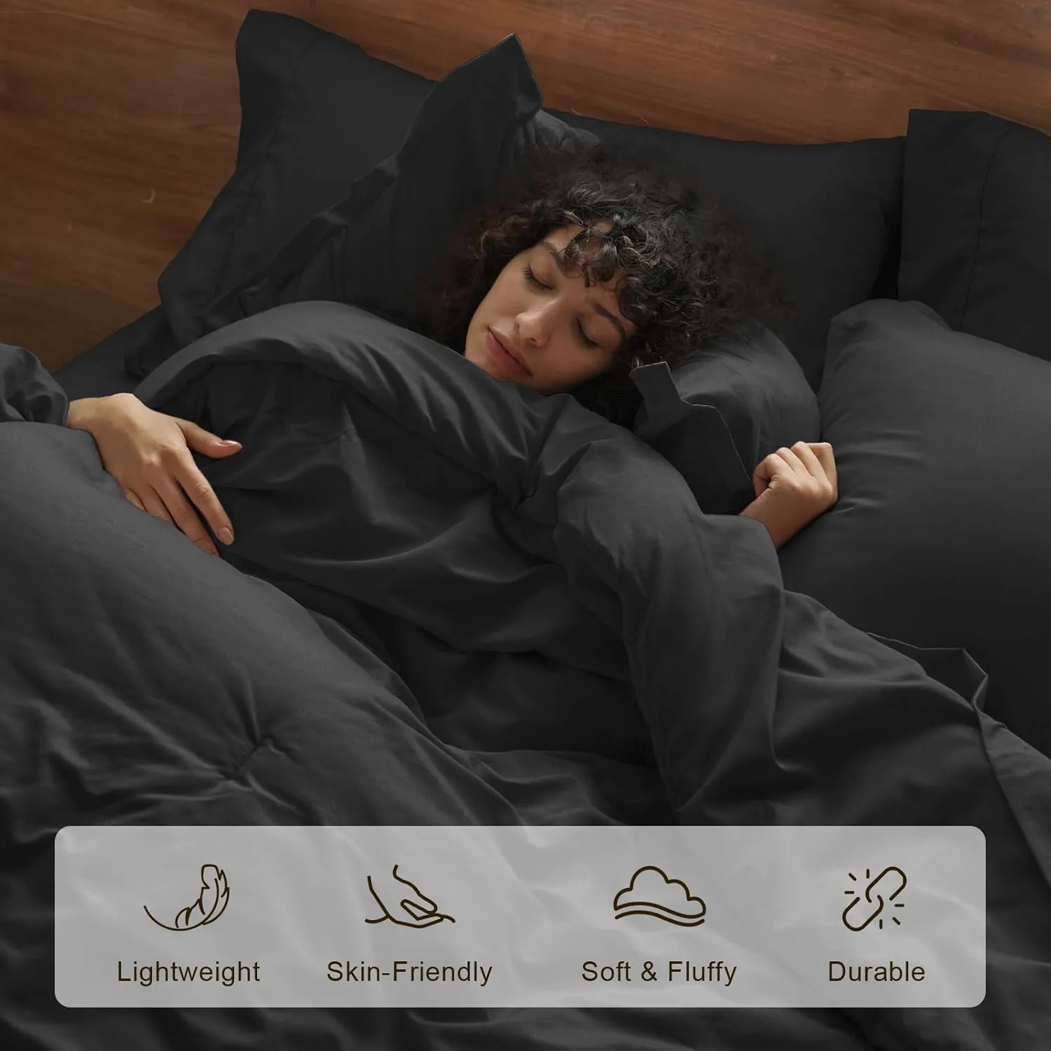 PHF 7 Pieces Queen Comforter Set, Lightweight Bed in A Bag & 18" Sheet Set for All Season, Ultra Soft Cozy Bedding with Comforter, Sheets, Pillowcases & Shams, Black