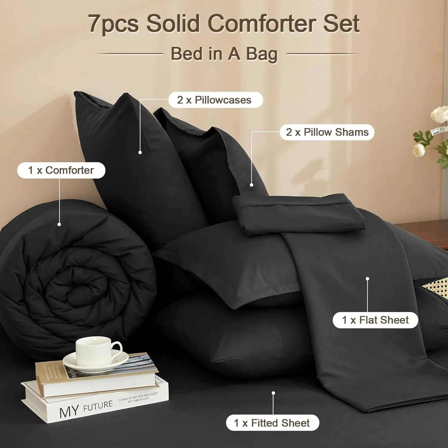 PHF 7 Pieces Queen Comforter Set, Lightweight Bed in A Bag & 18" Sheet Set for All Season, Ultra Soft Cozy Bedding with Comforter, Sheets, Pillowcases & Shams, Black