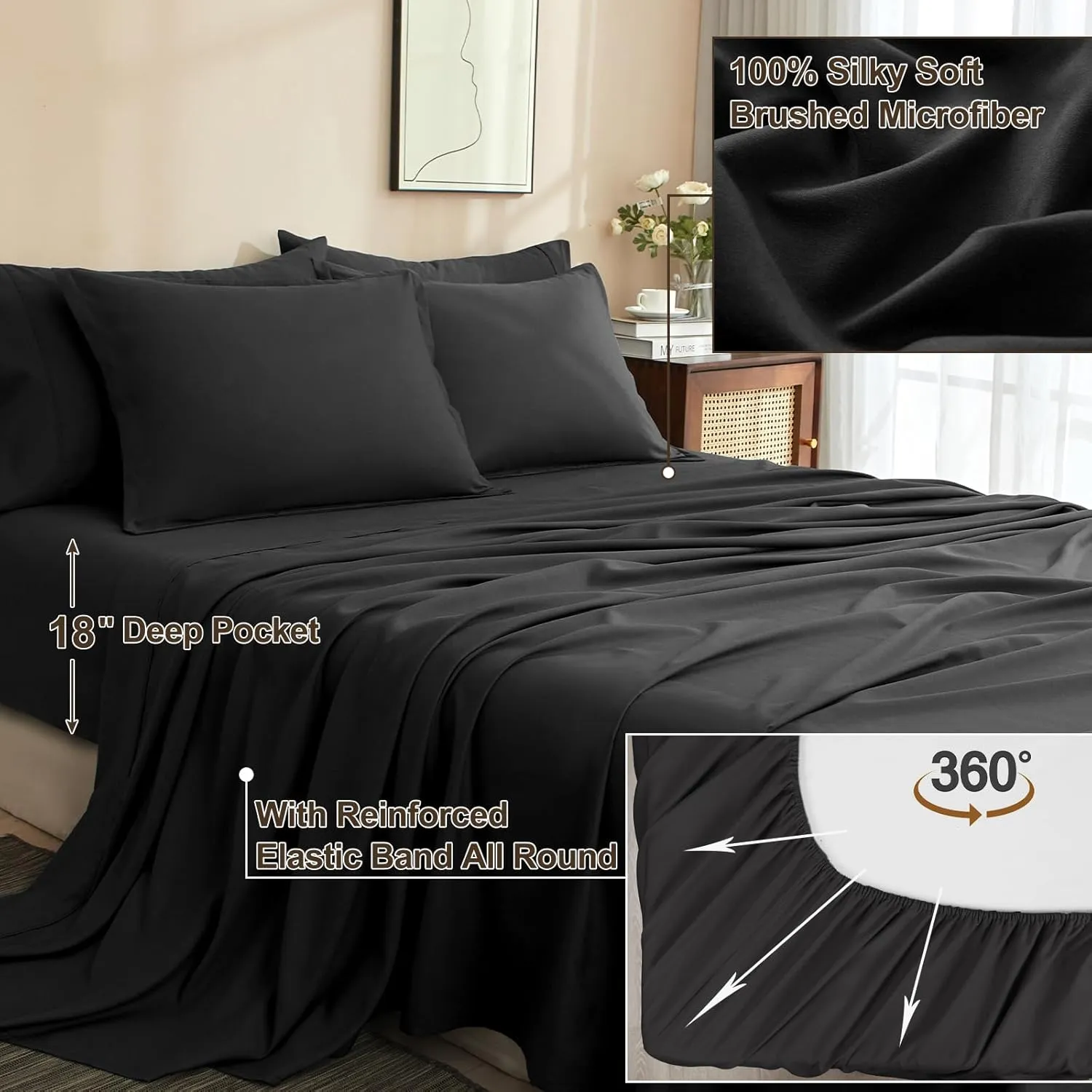 PHF 7 Pieces Queen Comforter Set, Lightweight Bed in A Bag & 18" Sheet Set for All Season, Ultra Soft Cozy Bedding with Comforter, Sheets, Pillowcases & Shams, Black
