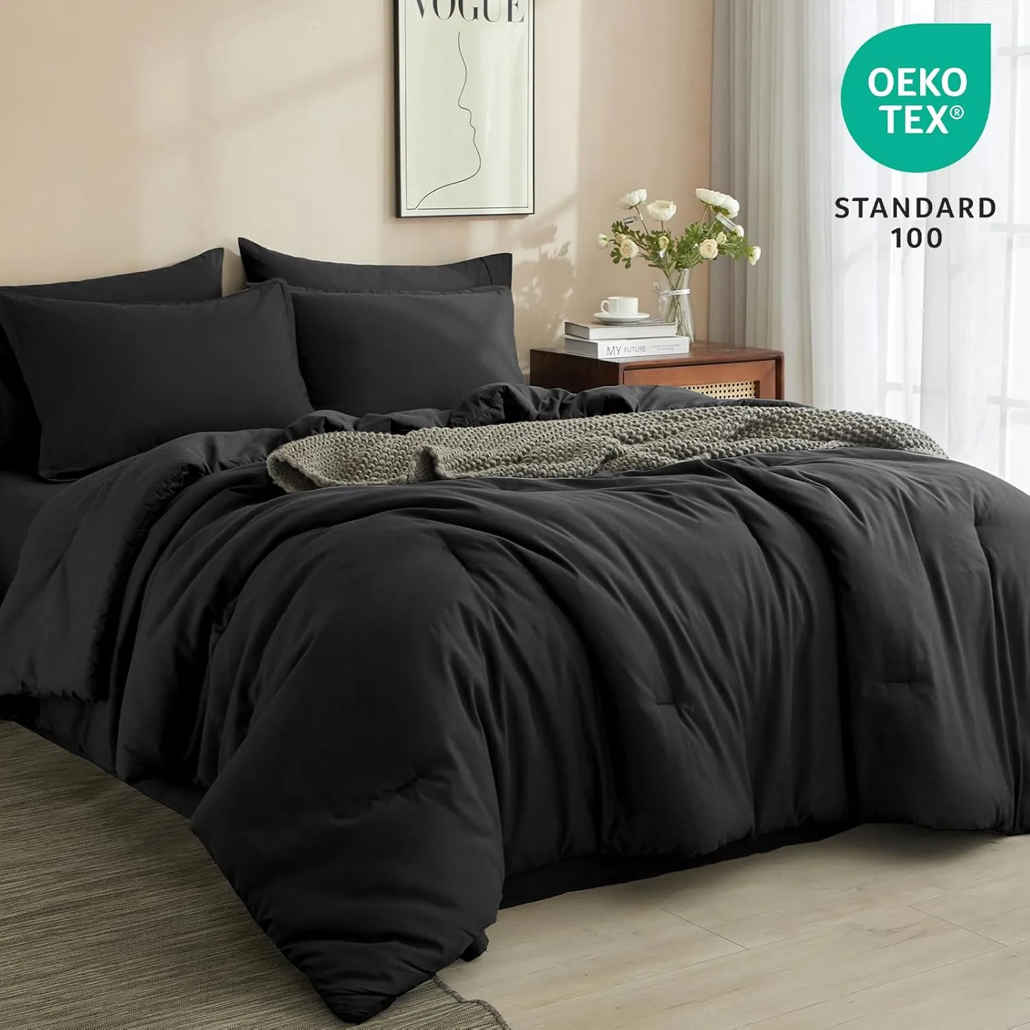 PHF 7 Pieces Queen Comforter Set, Lightweight Bed in A Bag & 18" Sheet Set for All Season, Ultra Soft Cozy Bedding with Comforter, Sheets, Pillowcases & Shams, Black