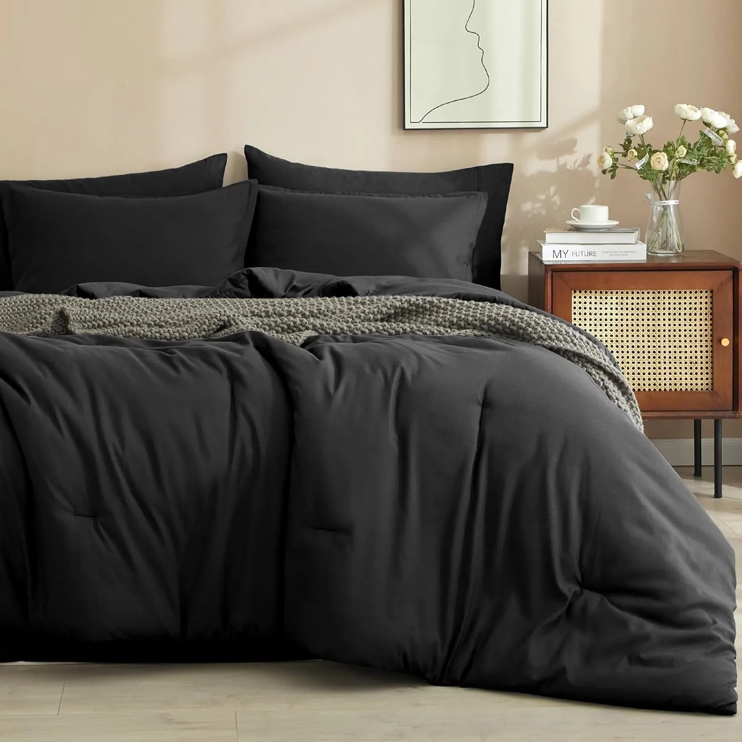 PHF 7 Pieces Queen Comforter Set, Lightweight Bed in A Bag & 18" Sheet Set for All Season, Ultra Soft Cozy Bedding with Comforter, Sheets, Pillowcases & Shams, Black