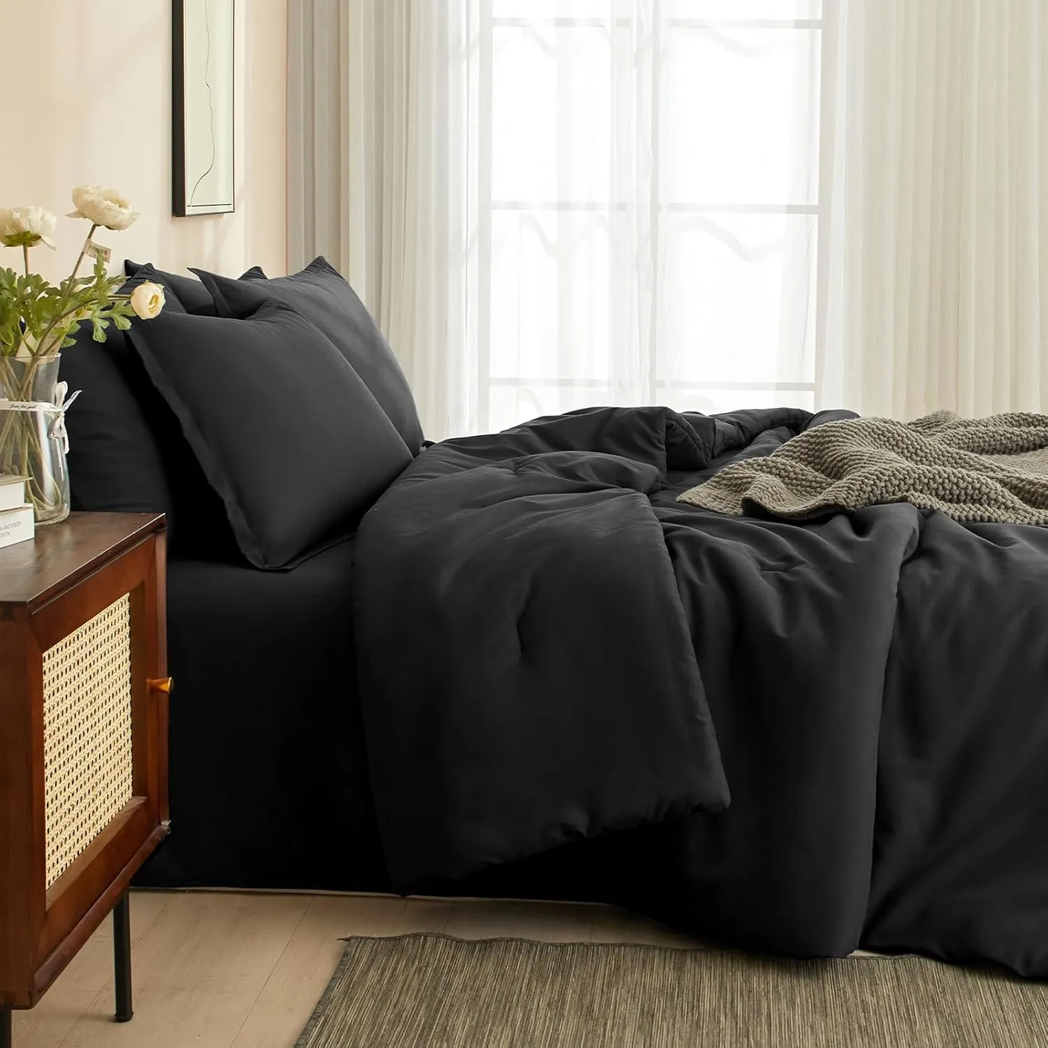 PHF 7 Pieces Queen Comforter Set, Lightweight Bed in A Bag & 18" Sheet Set for All Season, Ultra Soft Cozy Bedding with Comforter, Sheets, Pillowcases & Shams, Black